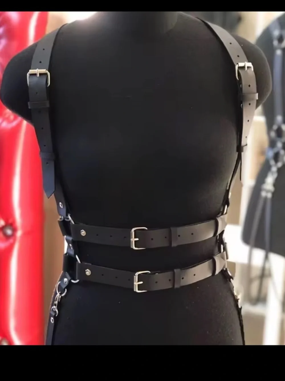 Black Leather Double Harness Suspender Belt with Metal Buckles New - Picture 3 of 8